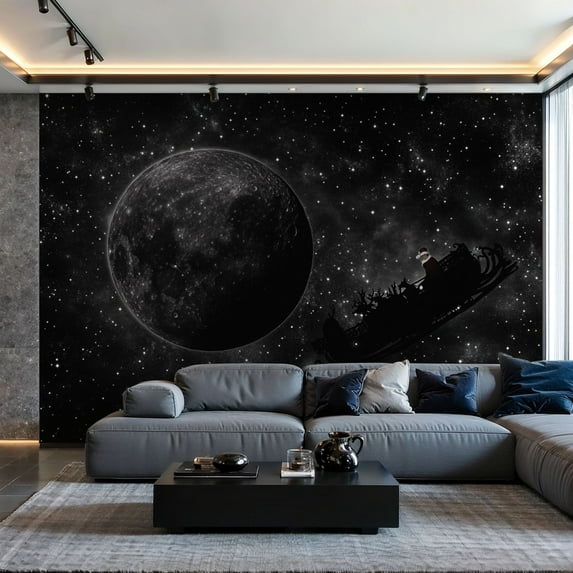 Prxcm Peel and Stick Canvas Wallpaper Christmas Moon Black Starry Sky Xmas Santa Claus Sleigh Art Wall Mural Decor Self Adhesive and Removable 69"x98"