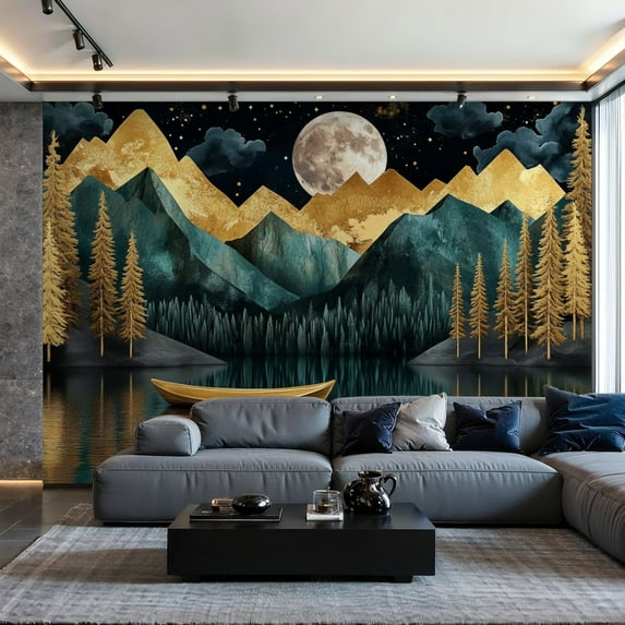 Prxcm Peel and Stick Canvas Wallpaper Mountain Nature Forest Tree Aesthetic Moon Teal Abstract Art Wall Mural Decor Self Adhesive and Removable 100"x 144"
