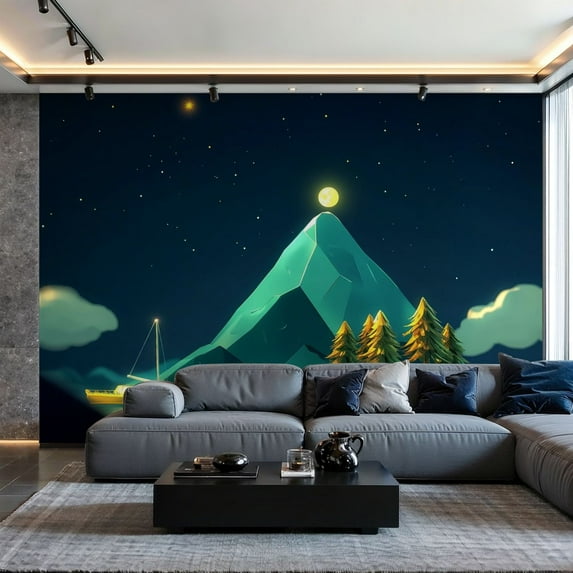 Prxcm Peel and Stick Canvas Wallpaper Mountain Nature Forest Tree Aesthetic Moon Teal Abstract Art Wall Mural Decor Self Adhesive and Removable 100"x 144"