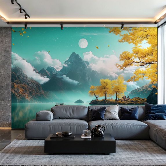 Prxcm Peel and Stick Canvas Wallpaper Mountain Nature Forest Tree Aesthetic Moon Teal Abstract Art Wall Mural Decor Self Adhesive and Removable 69"x98"