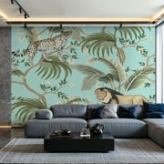 Prxcm Peel and Stick Canvas Wallpaper Vintage chinoiserie tree palm leaves leopard animal floral seamless Art Wall Mural Decor Self Adhesive and Removable 100"x 144"