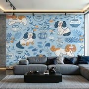 Prxcm Peel and Stick Canvas Wallpaper vintage dog seamless pattern Cavalier king charles spaniel cute hand Art Wall Mural Decor Self Adhesive and Removable 100"x 144"