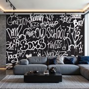 Prxcm Peel and Stick Canvas Wallpaper Graffiti black white colors Graffiti texture hand Art Wall Mural Decor Self Adhesive and Removable 100" x 144"