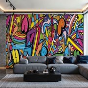 Prxcm Peel and Stick Canvas Wallpaper Graffiti doodle art vibrant colors hand drawn Art Wall Mural Decor Self Adhesive and Removable 100" x 144"