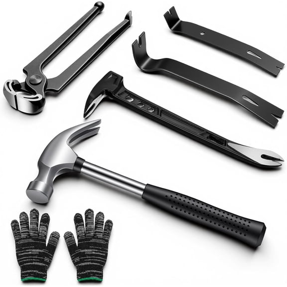 Pry Bar Set, Paw Nail Puller, Flat Claw Pry Bars, End Cutting Pliers, Claw Hammer with Gloves, Utility Bar Set for Baseboard, Floor, Nails Removal