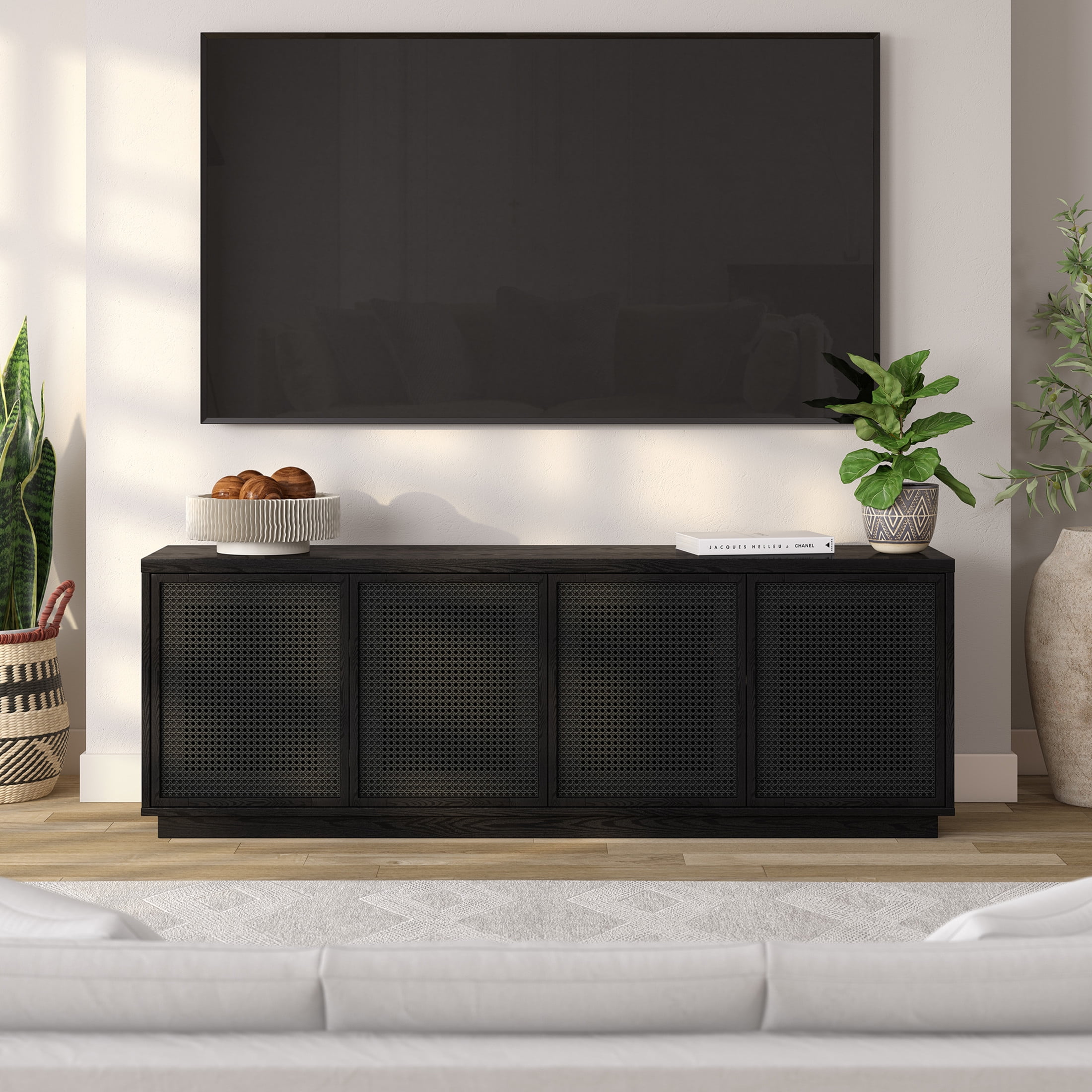 Evelyn&Zoe Pryce Mid-Century Modern TV Stand For TVs up to 78", Black Grain with Black Rattan