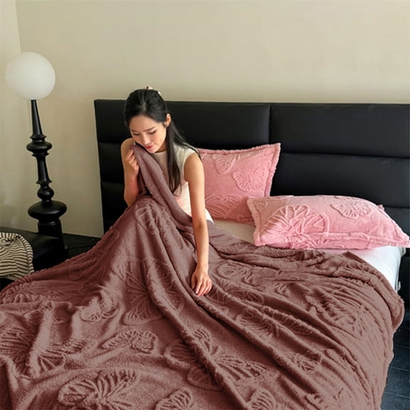 Pryess 79" * 90" Thickened Jacquard Coral Fleece Blanket, Cozy Butterfly Print Blanket for Lovers and Families, Available In Multiple Sizes and Colors, Great for Gifts and Home Decor Brown