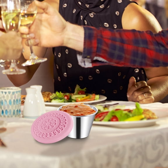 Pryess Pink Stainless Steel Sauce Cup with Silicone Lid, Dressing Containers Small Condiment Containers with Lids Stainless Steel Condiment Cup Dipping Cups Container for Lunch Bento Box
