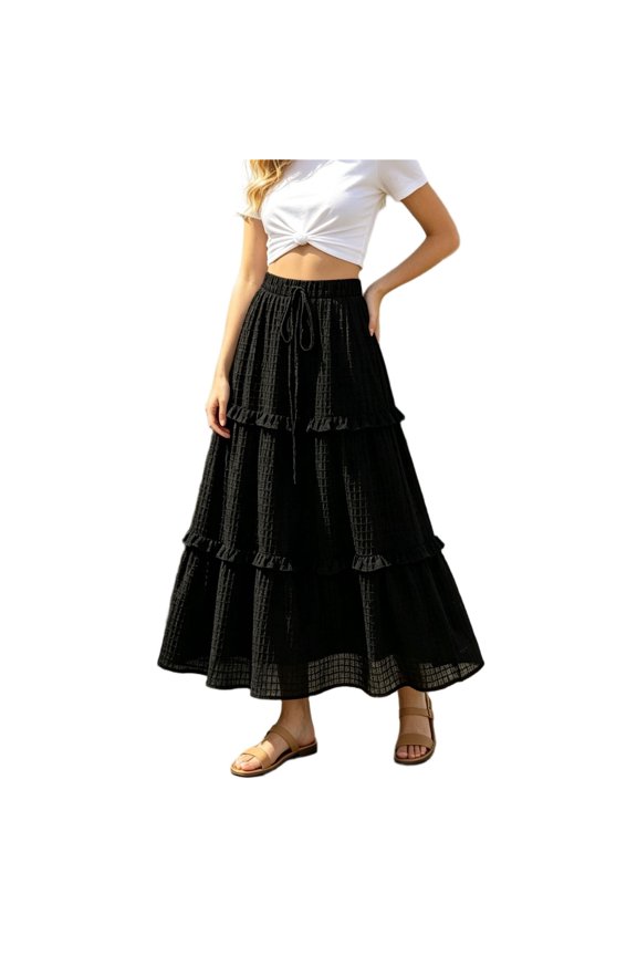 A-Line Maxi Skirt for Women Grid Textured Drawstring Flowy Long Skirt Ruffle Elastic High Waist Summer Fall Skirt