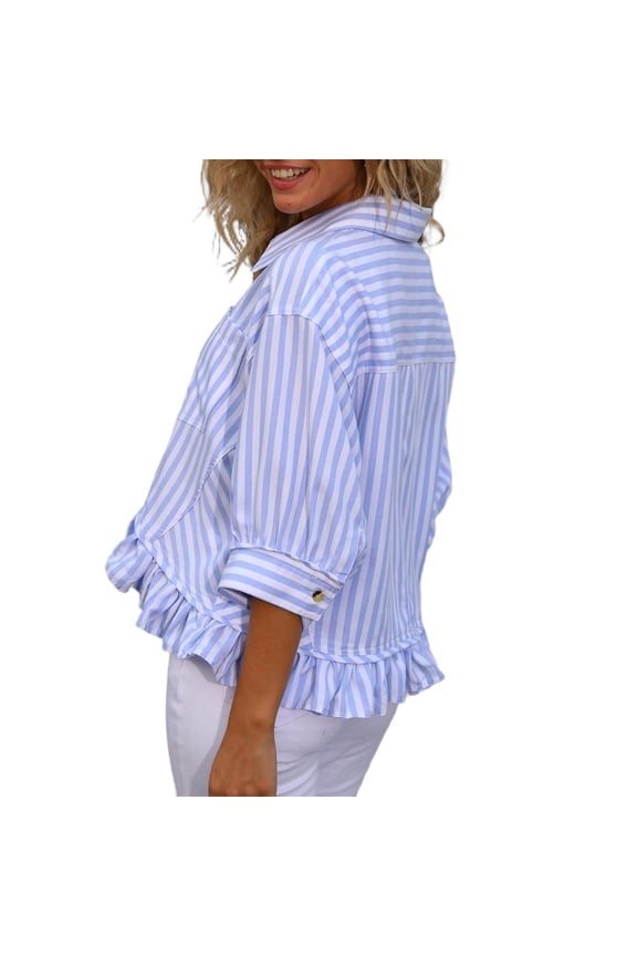 Button Down Fall Blouse Women Striped Collared Ruffle Cropped Winter Top Casual Oversized Roll Sleeve Shirt with Chest Pocket