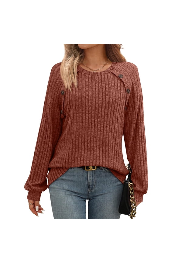 Button Down Fall Blouse for Women Long Sleeve Pullover Top Crew Neck Vertical Rib Knit Top