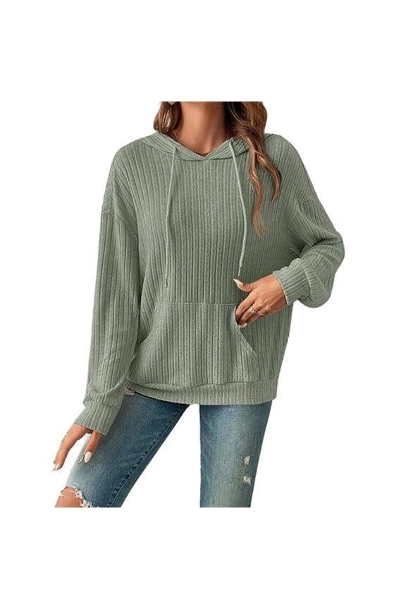 Drawstring Fall Hoodie for Women Rib Knit Drop Shoulder Winter Pullover Top Casual Loose Long Sleeve Loungewear Sweatshirt