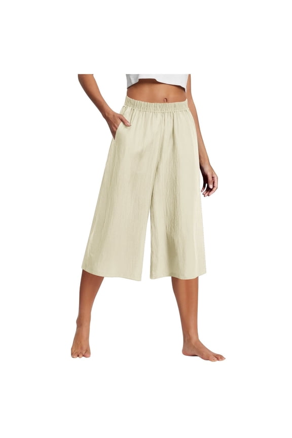 Linen Harem Pants for Women High Waist Smocked Casual Trousers Split Hem Casual Loose Summer Pants