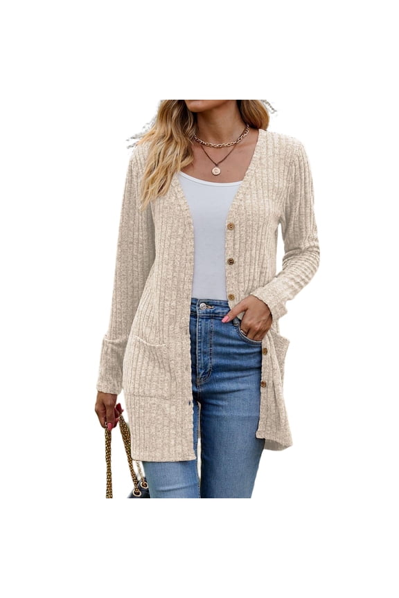 Mid-length Cardigan for Women Button Down Knit Sweater Coat Long Sleeve V-Neck Layering Sweater for Fall & Spring