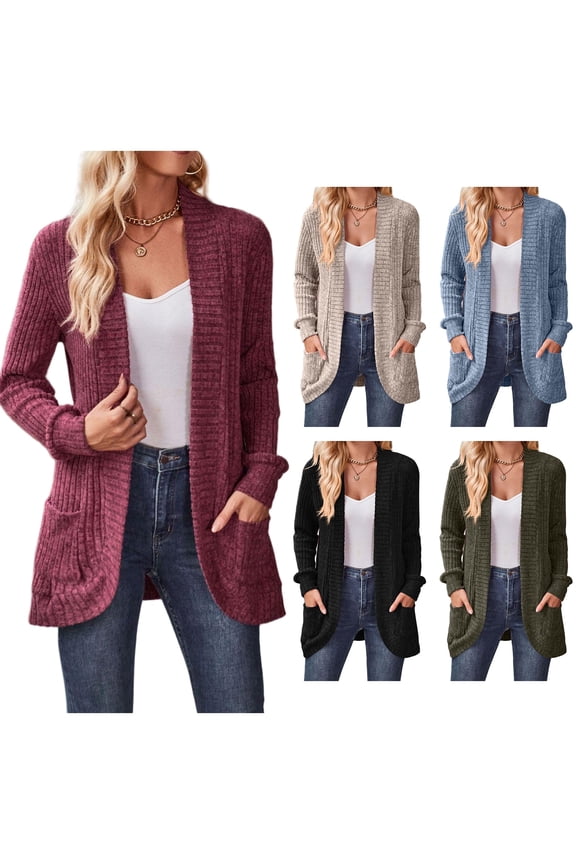 Mid-length Knit Cardigan for Women Long Sleeve Casual Layering Sweater Open Front Vertical Rib Knit Spring Fall Coat