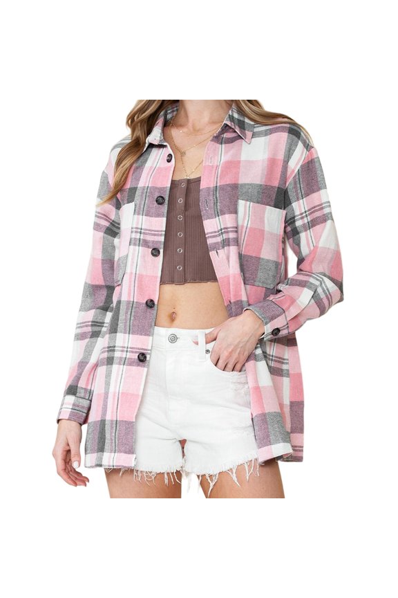 Oversized Plaid Shacket for Women Collar Pocket Long Sleeve Button Down Shirt Jacket with Pocket