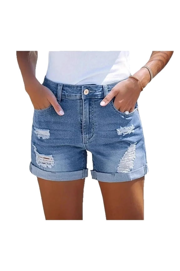 Plus Size Mid Rise Stretch Denim Shorts Frayed Rolled Hem Ripped Women's Summer Jean Shorts