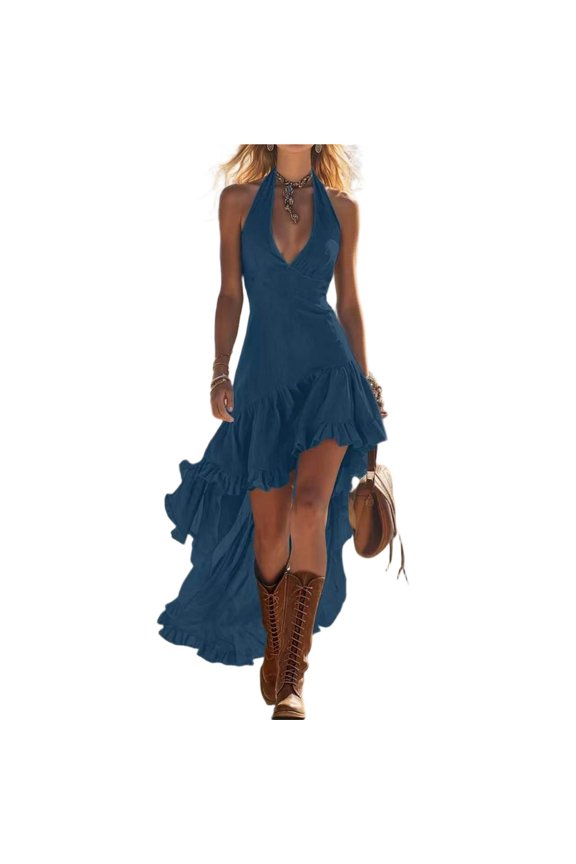 Summer Tank Dress for Women Halter V-Neck High Low Ruffle Flowy Maxi Dress Backless Asymmetrical Hem Party Dress
