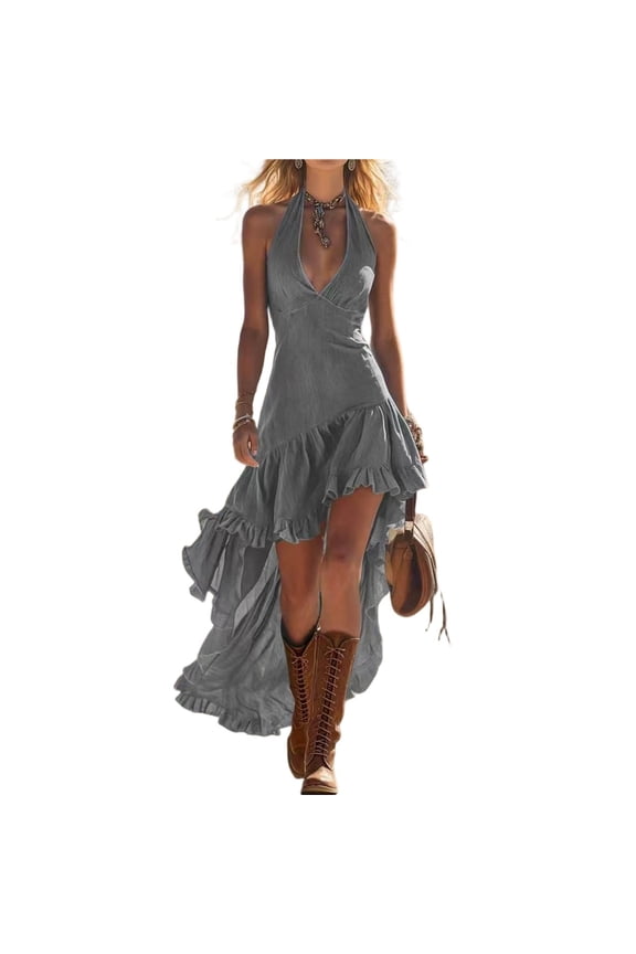 Summer Tank Dress for Women Halter V-Neck High Low Ruffle Flowy Maxi Dress Backless Asymmetrical Hem Party Dress