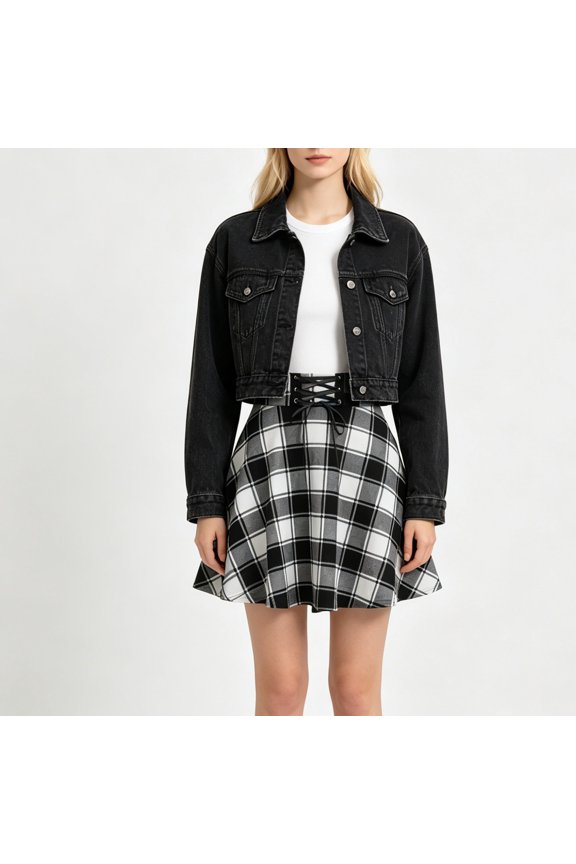 Tartan Plaid Mini Skirt for Women Corset Lace Up High Waist Fall Skater Mini Skirt, Flared A-Line Casual Flowy Summer Short Skirt