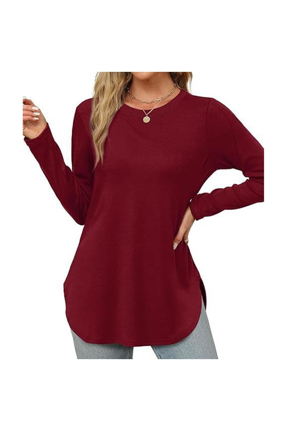 Women Crew Neck Long Sleeve Fall Top, Curved Side Split Loose Casual Winter Tee Casual Layering Tunic Top
