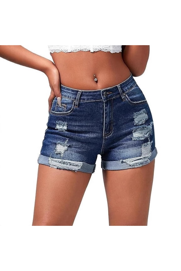 Women's High Waist Dark Wash Ripped Distressed Denim Shorts Roll Cuff Hem Casual Summer Jean Shorts