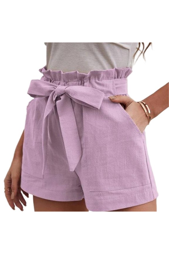 Women's Bow Tied High Waist Shorts Ruffled Elastic Waist Summer Shorts Solid Color A-Line Beach Shorts with Pockets