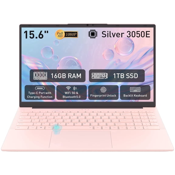 Pryloxen Laptop, Windows 11 Pro 15.6" 16GB RAM 1TB SSD, Intel 3050E CPU Home Computer, Backlit Keyboard, Fingerprint Unlock,Pink