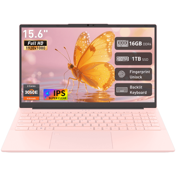 Pryloxen 15.6" Laptop, Windows 11 Pro, AMD 3050E Processor, 16GB RAM 1TB SSD, Backlit Keyboard, Fingerprint Unlock, Pink