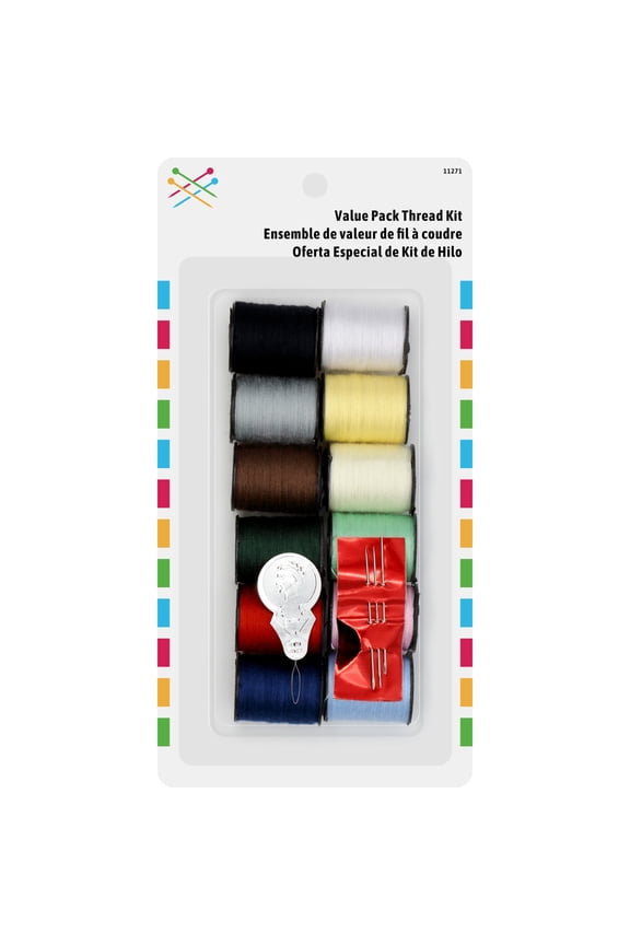 Thread Value Kit, 12 Count, assorted colors. Includes needles and needle threader