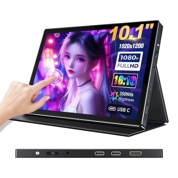 Prystivue 10.1 inch Portable Touchscreen Monitor FHD 1920x1200, 100% sRGB Screen ExtenderIPS Travel Small Monitor with Cover, USB-C HDMI Computer Touch Screen Display for Laptop PC, PS5/4 Xbox No Tou