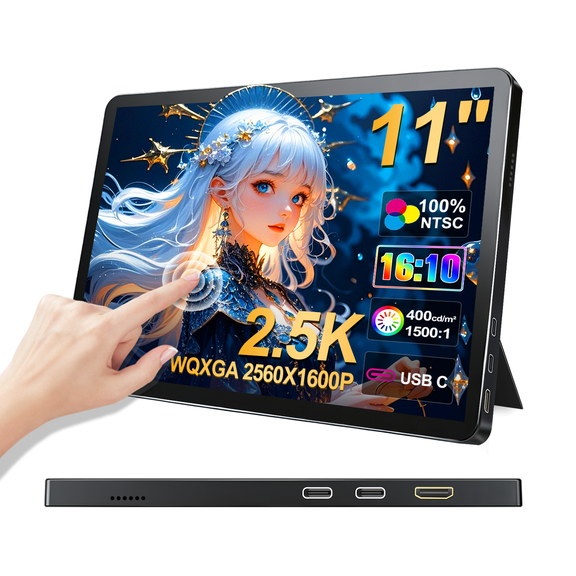 Prystivue Portable Monitor 11 Inch 2.5K QHD Display 2560 x 1600 USB-C IPS 100% NTSC Screen with Dual Type-C, Mini HDMI and Stand for PC, Laptop, VESA Compatible
