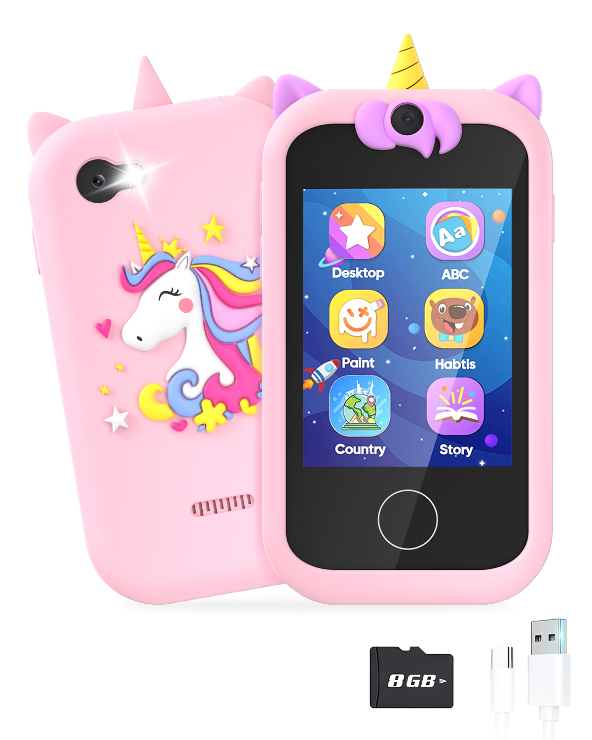 Prysyed Kids Toy Phone for Toddlers, Christmas Birthday Unicorns Gifts for  3 4 5 6 7 8 years old Girls, Electronic Learning Toy for girls age 3-11  with Dual Camera 8G SD Card 