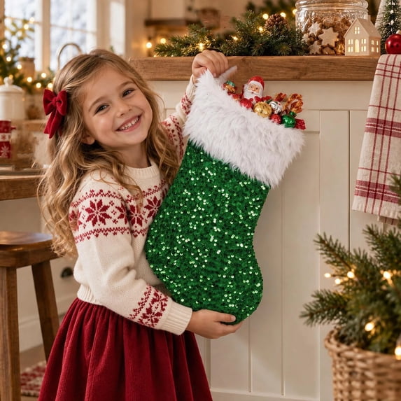 PryvnHome Christmas Stocking Sequin Stocking with Faux Fur Trim and Hanging Loop for Tree Decoration Candy Bag