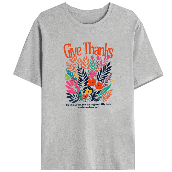 Psalm 107:1 Scripture Print T-Shirts "Give Thanks to the Lord" Thanksgiving Church Graphic Tees Apparel Casual Short Sleeve Tops White,2XL