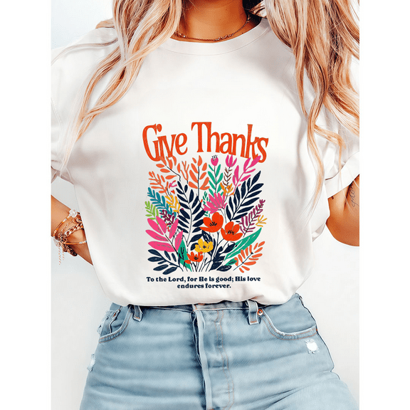Women Psalm 107:1 Scripture Print Tshirts "Give Thanks to the Lord" Graphic Tees Thanksgiving Church Casual Shirts Short Sleeve Tops for Holiday White,S