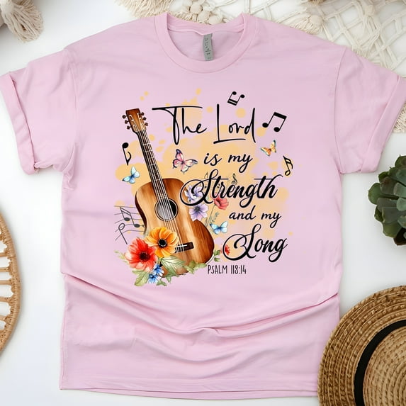 Psalm 118:14 Bible Verse Graphic T-Shirt with Guitar and Music Notes, Light Pink, Size 3XL