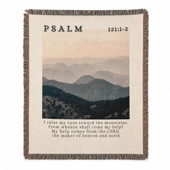 Psalm 121 Mountain Sunrise Woven Throw Blanket, Woven Cotton with Fringed Edges, Vintage Scripture Style for Living Room Decor