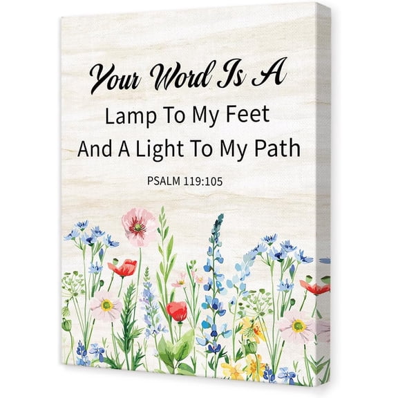 Psalm 129:105 Christian Floral Wall Art,Scripture Religious Canvas Wall Decor for Christian Home Office Church 12x16 Inch