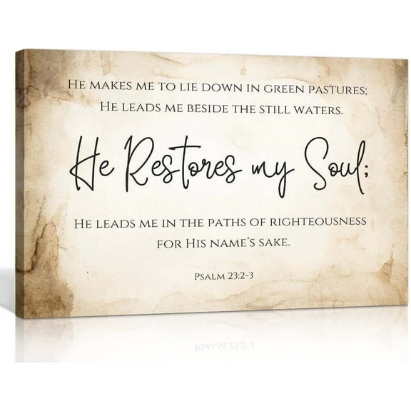 Psalm 23 2-3 Bible Verse Wall Art Vintage Scripture Poster He Restores My Soul Prayer Wall Decor for Living Room Pictures for Kitchen Decorations Painting Artwork Printed Canvas Pics