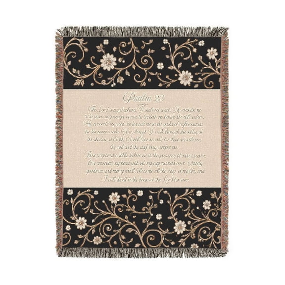 Psalm 23 Black and Cream Floral Woven Blanket, 100% Cotton, Inspirational Scripture Home Decor