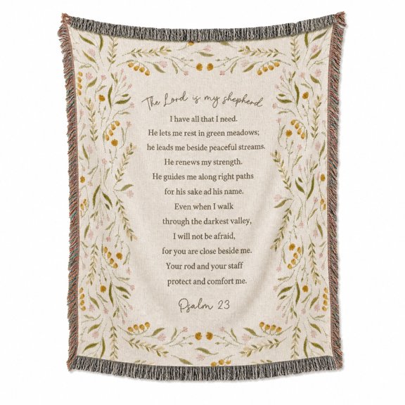 Psalm 23 Botanical Green and Gold Woven Throw Blanket, Cotton with Fringed Edges, Scripture, Couch and Bed Home Decor