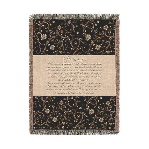 Psalm 23 Floral Black and Cream Woven Blanket, 100% Cotton, Scripture-Inspired Home Decor