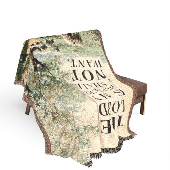 Psalm 23 Shepherd Pastoral Green and Cream Woven Throw Blanket, 100% Cotton, Christian Farmhouse Decor
