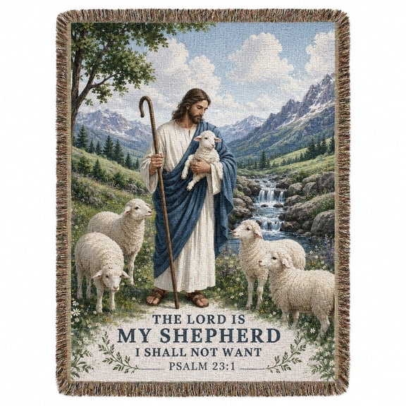 Psalm 23 Woven Throw Blanket – Good Shepherd Scripture Art – 100% Cotton Fringed – 3 Sizes