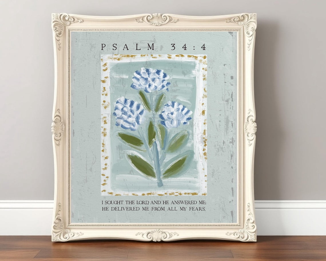 Psalm 34:4 Bible Verse Wall Art Poster, Christian Floral Poster ...