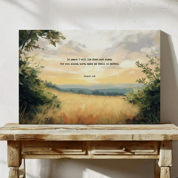 Psalm 4:8 Scripture Peaceful Sunset Christian Wall Art Bible Verse Bedroom Decor Inspirational Faith Print Wall Art, Modern Wall Decor, 16x24 UNFRAMED