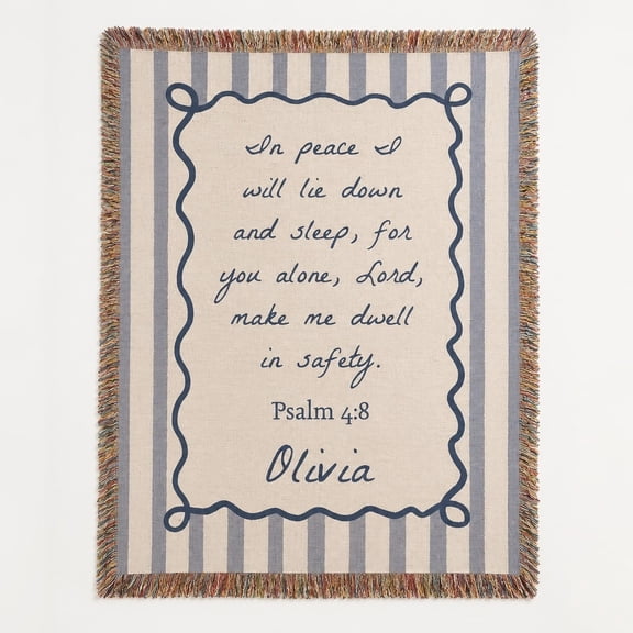 Psalm 4:8 Scripture Woven Cotton Throw Blanket – Fringed Edges, 3 Sizes