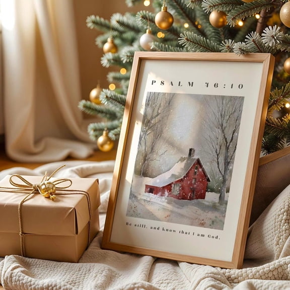 Psalm 46:10, Be Still And Know That I Am God Scripture Art, Red Barn Winter, Christian Wall Art, Farmhouse Home Decor #217, Stretched Canvas Size 16x24