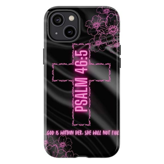 Psalm 46:5 Bible Verse Phone Case, Pink Floral Cross Design on Black Background, Faith Christian Aesthetic Cover for iPhone 16 15 14 13 12 11 Pro Plus Mini